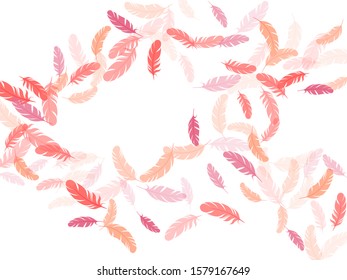 Fashoinable pink flamingo feathers vector background. Flying feather elements airy vector design. Plumage trendy fashion shower decor. Decorative confetti of festive plumelet.