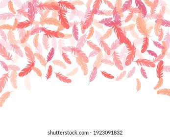 Fashoinable pink flamingo feathers vector background. Flying feather elements airy vector design. Plumage fluff dreams symbols. Lightweigt plumelet windy floating pattern.