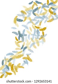 Fashoinable silver gold feathers vector background. Bird wing plumage boho line art. Falling feather elements soft vector design. Lightweigt plumelet windy floating pattern.