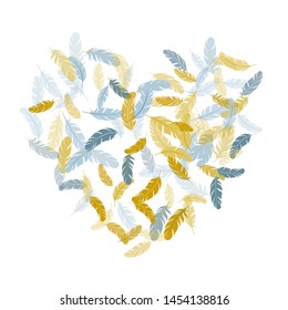 Fashoinable silver gold feathers vector background. Flying feather elements airy vector design. Quill plumelet silhouettes illustration. Angel wing plumage concept.