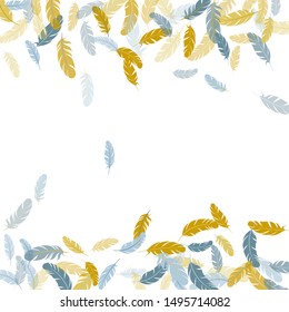 Fashoinable silver gold feathers vector background. Soft plumelet native indian ornament. Fluffy twirled feathers on white design. Plumage fluff dreams symbols.