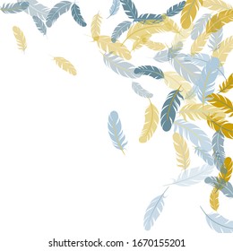 Fashoinable silver gold feathers vector background. Decoration confetti of carnival plumelet. Fluffy twirled feathers on white design. Angel wing plumage concept.
