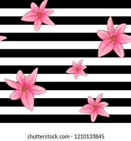 fasion pattern pink lily flower on black stripes background seamless . repeatable  tender bright beautiful botanique striped ornament. vector design for packaging, textile, interior