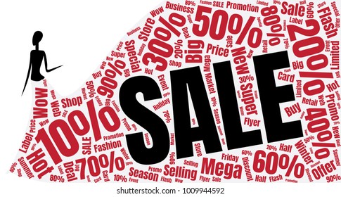 Fasion Sale Word Cloud Made of Different Percentages of Discounts. Sales Vector Concept. Collage for Fasion Design