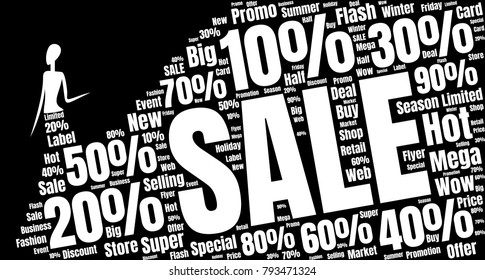 Fasion Sale Word Cloud Made of Different Percentages of Discounts. Sales Vector Concept. Collage for Fasion Design