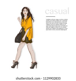 Fasion style outfit. Woman in yellow jacket, dress on the high heels and bag. Runaway magazine casual street sketch