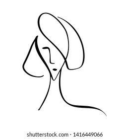 Fasion style vector illustration. Hand drawn of woman face, minimalist concept. Stylized doodle linear female head skin care logo or beauty icon