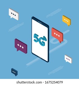 Fast 5G internet connection concept. Chat in mobile phone or smartphone on message app in fast connection, dialogue with speech bubbles. Icon set in isometric vector illustration on green background.