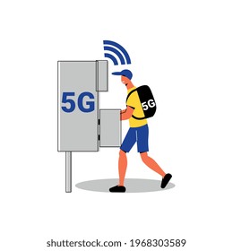 Fast 5g internet connection concept with smiling character vector illustration