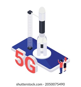 Concepto isométrico rápido de Internet de 5g con ilustración de smartphone y vector de cohete 3d