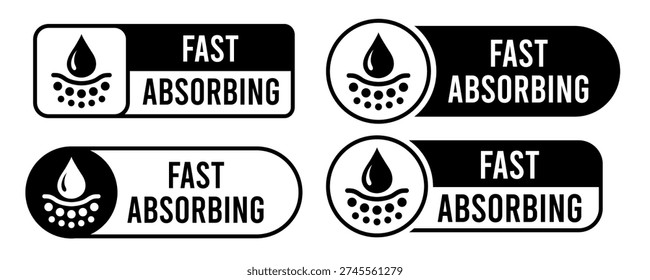 Fast absorbent or quick absorption icon set, label, logo, badge, banner, symbol, sticker, black, flat vector, isolated illustration. Quick dry, dermatology, absorb, fast absorbing water drop icons.