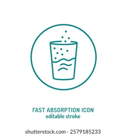 Fast absorption minimalist icon. Glass with dissolving particles, rapid nutrient uptake. Editable stroke, vector illustration. Perfect for supplement packaging, hydration, and bioavailability design