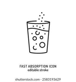 Fast absorption minimalist icon. Glass with dissolving particles, rapid nutrient uptake. Editable stroke, vector illustration. Perfect for supplement packaging, hydration, and bioavailability design