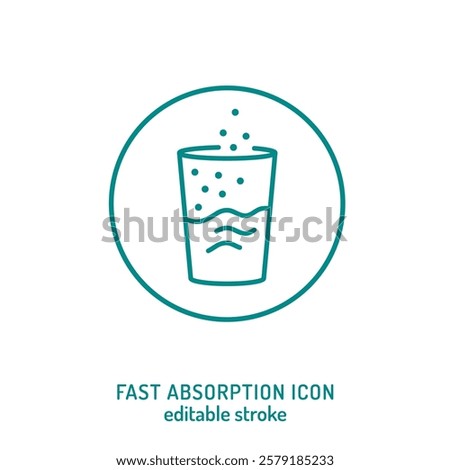 Fast absorption minimalist icon. Glass with dissolving particles, rapid nutrient uptake. Editable stroke, vector illustration. Perfect for supplement packaging, hydration, and bioavailability design