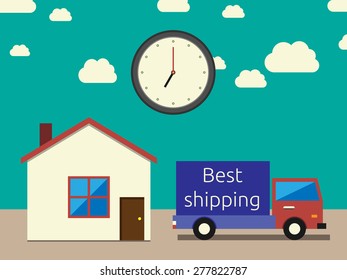 Fast and accurate shipping concept. Lorry, house and clock. EPS 10 vector illustration, no transparency