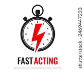 Fast acting vector icon isolated on white background. Emergency design with stopwatch and lightning symbol, urgency conceptual illustration.