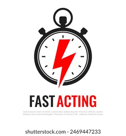 Fast acting vector icon isolated on white background. Emergency design with stopwatch and lightning symbol, urgency conceptual illustration.