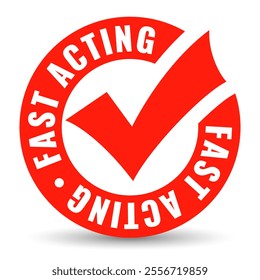 Fast acting vector pictogram isolated on white background. Web symbol with check mark for quick acting products - medication, drugs, moment glue, pain killer pills, fast and safe action guaranteed.