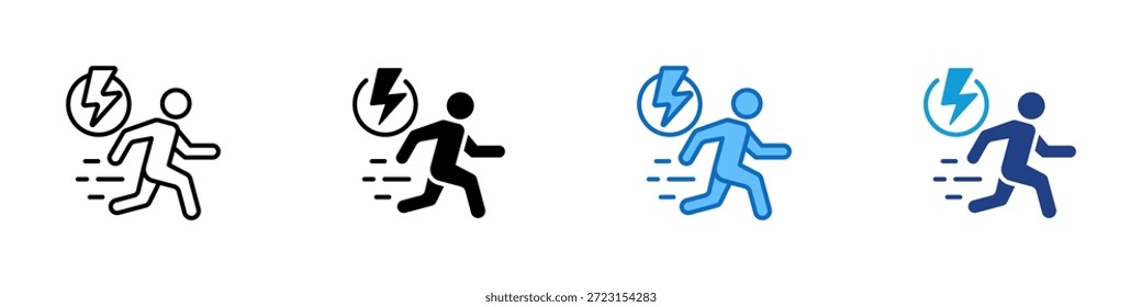 Vector de diseño de íconos de estilo múltiple de acción rápida: persona que corre con el símbolo del rayo que representa la velocidad, la energía y el rendimiento rápido