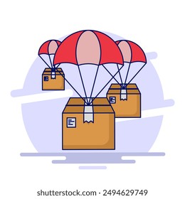 Fast air logistics delivery service concept. Packages fly down from the sky with parachutes. fast delivery to recipient. Delivery Package with Parachute Premium Icon Vector Illustration.