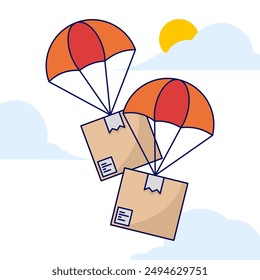 Schnelles Luftlogistik-Lieferservice-Konzept. Pakete fliegen mit Fallschirmen vom Himmel herunter, schnelle Lieferung an den Empfänger. Lieferpaket mit Fallschirm Premium Icon Vektorillustration.