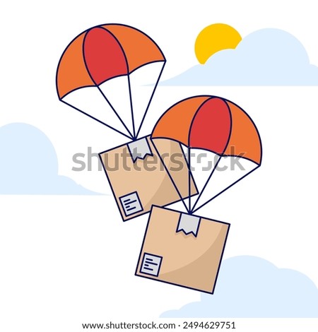 Fast air logistics delivery service concept. Packages fly down from the sky with parachutes. fast delivery to recipient. Delivery Package with Parachute Premium Icon Vector Illustration.