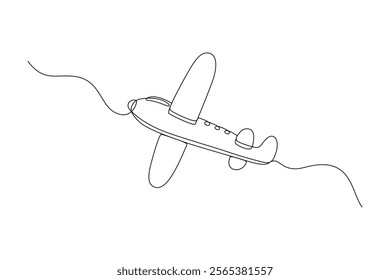 Fast airplane drawn with continuous line in minimalism, flight, aircraft, journey, route, one line, editable vector contour