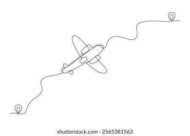 Fast airplane drawn with continuous line in minimalism, flight, aircraft, journey, destination, route, one line, editable vector contour