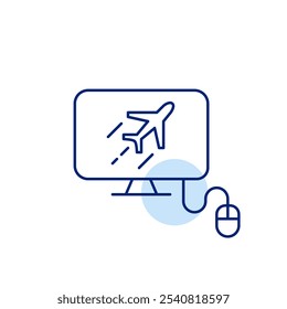 Fast airplane on computer monitor and mouse. Super-fast internet browsing experience. Pixel perfect vector icon