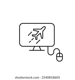 Fast airplane on computer monitor and mouse. Super-fast internet browsing experience. Pixel perfect, editable stroke icon