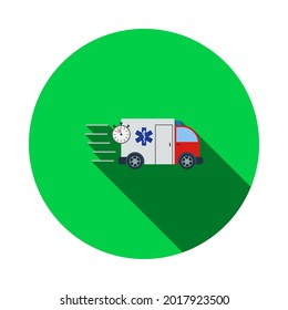 Fast Ambulance Car Icon. Flat Circle Stencil Design With Long Shadow. Vector Illustration.