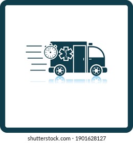 Fast Ambulance Car Icon. Square Shadow Reflection Design. Vector Illustration.