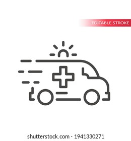 ambulancia rápida con icono vector de línea de sirena. Primer auxilio, símbolo de emergencia, trazo editable.
