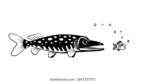 Um pique rápido e irritado alcança um peixinho assustado. Silhuetas em branco. Ilustração em preto e branco vetorial. Não é IA.