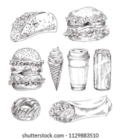 Fast appetizers set isolated on white backdrop, meat burrito and taco near huge fresh hamburger, donut and soft drink, coffee cup vector illustration