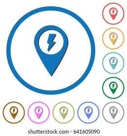 Fast aproach GPS map location flat color vector icons with shadows in round outlines on white background