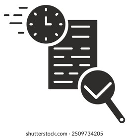 fast audit check, review document with assessment, exam by time period, flat vector illustration on white background