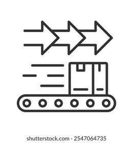Embalaje automatizado rápido, icono en el diseño de línea. Rápido, automatizado, embalaje, eficacia, transportador, maquinaria, producción en Vector de fondo blanco. Icono de trazo editable de empaquetado automatizado rápido