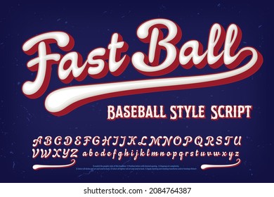 Fast Ball ist ein Skript-Alphabet im Baseball- oder Sportstil mit abgerundeten 3D-Effekten und einem tiefen roten Schlagschatten. Gutes Alphabet für Logos, Insignien für Sportbekleidung, Jerseys, etc.