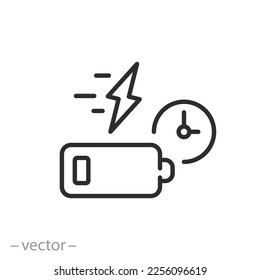 icono de carga rápida de la batería, tiempo de carga del acumulador, símbolo de línea delgada en fondo blanco - ilustración del vector de trazo editable