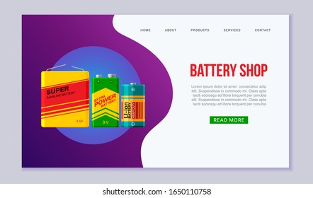 Fast battery shop vector web template illustration. Speed energy symbol or icon. Electric and accumulator batteries supplies design for landing and website.