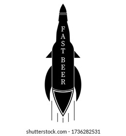Schnelles Bier. Eine Flasche Bier ist wie eine Rakete. Das Konzept des schnellen Service und der Lieferung von Bier. Vector-Abbildung.