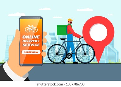 Fast bicycle delivery ordering service app concept. Hand holding smartphone with geotag gps location pin on city street and express shipping courier with backpack. Online application vector eps