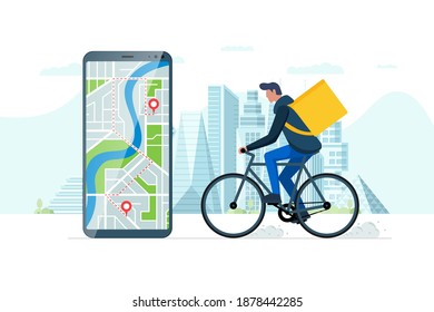 Fast bicycle delivery ordering service app concept. Smartphone with geotag gps location pin on city street and ecological express food shipping courier with backpack. Online application vector eps