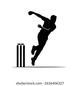 Fast Bowler Full Motion Black Silhouette Icon Arm Extended Cricket Action Sports Graphic