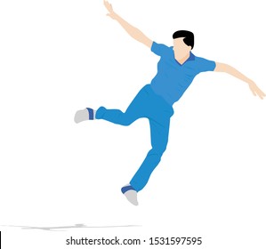 A fast bowler jumping in celebration after taking a wicket