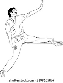 Fast Bowling Action Vector, Cricket Bowler Action Outline Sketch Drawing, Side On Bowling Action Clip Art Silhouette.