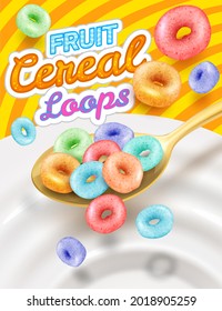 Fast breakfast - round colored cereals flakes falling into milk from spoon, product packaging mockup cover, vector illustration.