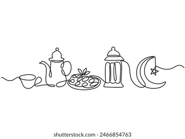 fast breaking dish for iftar in one single continuous line drawing style isolated on white background. Ramadan kareem concept vector illustration.