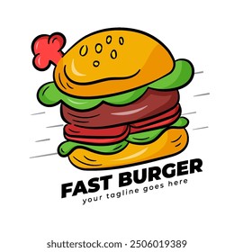 Logotipo de hamburguesa rápida con sombrero de chef, comida rápida y servicio de comida para llevar. Logos hechos a mano de comida chatarra en estilo Doodle